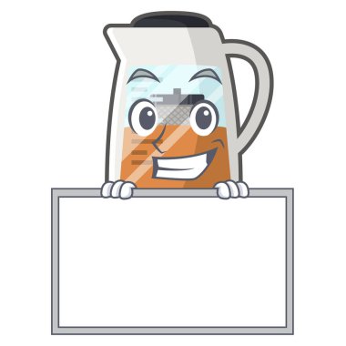 Maskot ile izole kurulu çay makinesi ile grinning