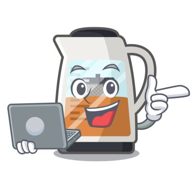Dizüstü çay makinesi maskot ile izole ile