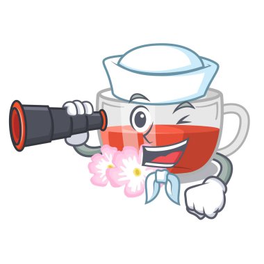 Karikatür ile izole dürbün kuşburnu çayı ile Denizci