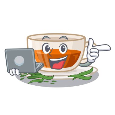Karikatür izole dizüstü darjeeling çay ile