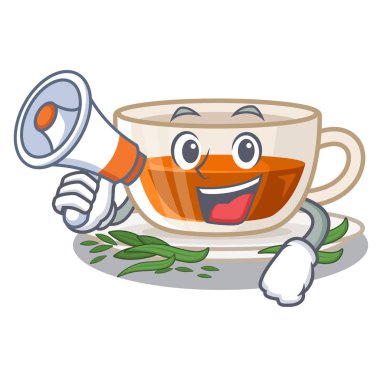 Karikatür izole megafon darjeeling çay ile