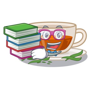 Ahşap karikatür masa üzerinde kitap darjeeling çay ile Öğrenci