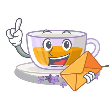 Karikatür ile izole zarf lavanta çayı ile