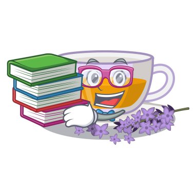 Kitap levender çay ile Öğrenci karikatür şişe dökülür