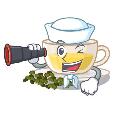 Karikatür şeklinde dürbün fincan oolong çay ile Denizci