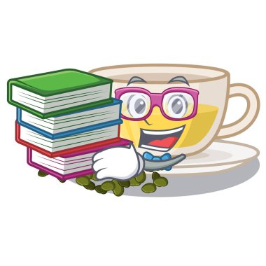 Ahşap tablolar karikatür üzerinde kitap oolong çay ile Öğrenci