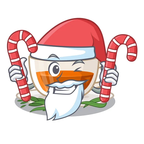 Santa con caramelo té darjeeling por encima de la mesa de dibujos animados de madera — Vector de stock