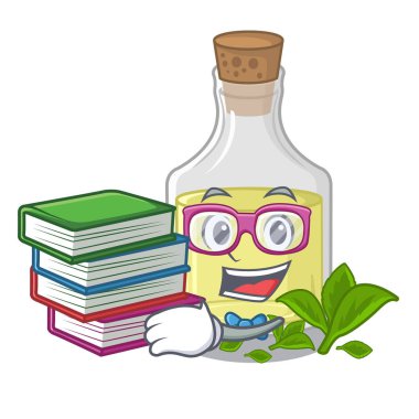 Ahşap maskot masa üzerinde kitap nane yağı ile Öğrenci