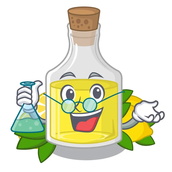 Professor Zitrone Karikatur Ölflasche über Tisch — Stockvektor