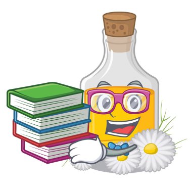 Karikatür şişesine yerleştirilen kitap papatya yağı ile Öğrenci