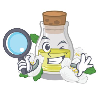 Maskot masanın üzerinde Dedektif yasemin yağı şişesi