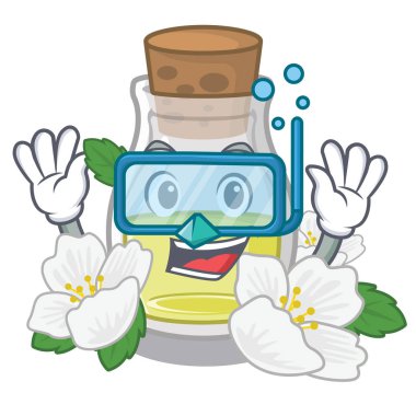 Maskot masanın üzerinde Dalış yasemin yağı şişesi