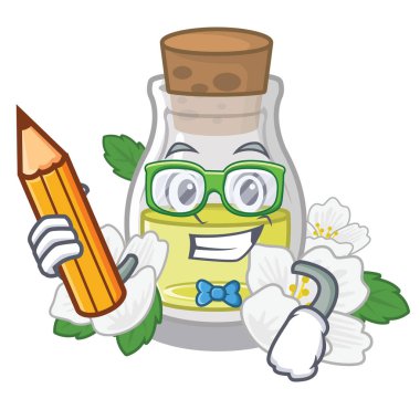 Öğrenci yasemin yağı şişesi maskot masanın üzerinde