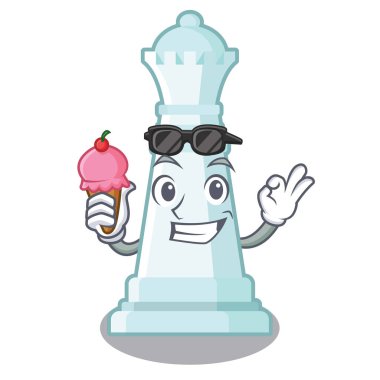 Maskot satranç tahtasında dondurma satranç kraliçesi ile