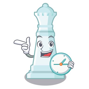Maskot satranç tahtasında saat satranç kraliçesi ile