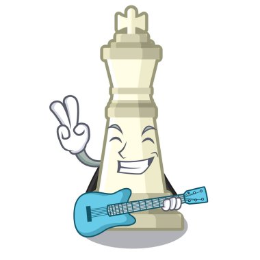 Ahşap karikatür masa üzerinde gitar kral satranç ile