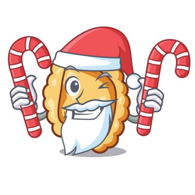 Bir maskot masada şeker ravioli ile Santa