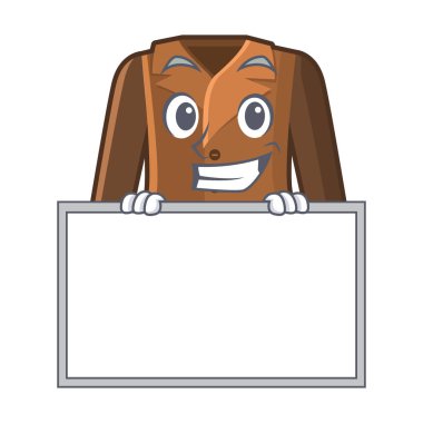 Bir karakter şeklinde tahta ceket ile sırıtarak