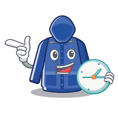 Maskot ile izole saat yağmurluk ile