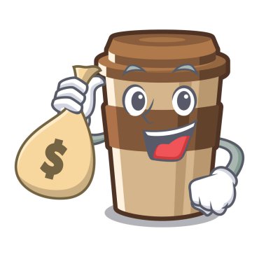 Ahşap karikatür masa üzerinde para çantası fincan espresso ile