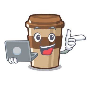 Ahşap karikatür masa üzerinde dizüstü fincan espresso ile