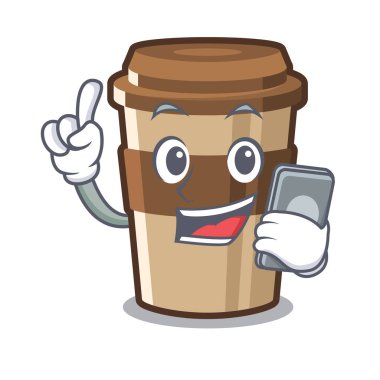 Ahşap karikatür masa üzerinde telefon fincan espresso ile