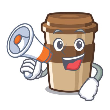 Ahşap karikatür masa üzerinde megafon fincan espresso ile