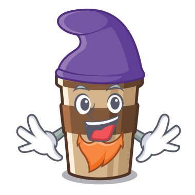 Ahşap karikatür masa üzerinde Elf fincan espresso