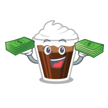 Maskot masanın üzerinde para çantası İrlandalı coffe ile