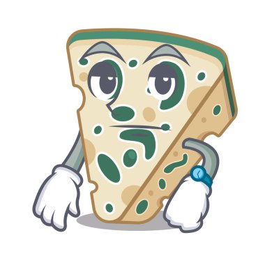 Maskot ile izole mavi peynir bekliyor