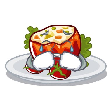 Bir karikatür tahtası üzerinde ağlayan dolma domates