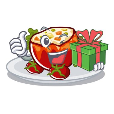 Bir karikatür tahtası üzerinde hediye doldurulmuş domates ile