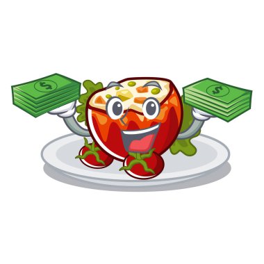 Para çantası ile bir karikatür tahtası üzerinde domates dolması