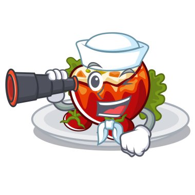 Bir karikatür tahtası üzerinde dürbün doldurulmuş domates ile Denizci