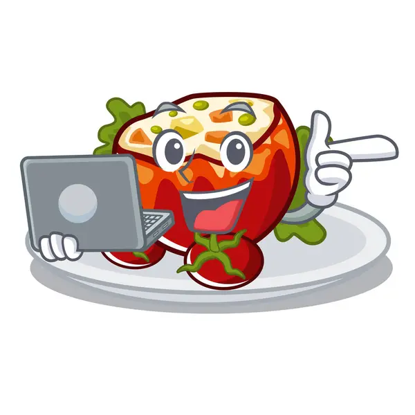 Dengan laptop boneka tomat yang diletakkan di piring karakter - Stok Vektor