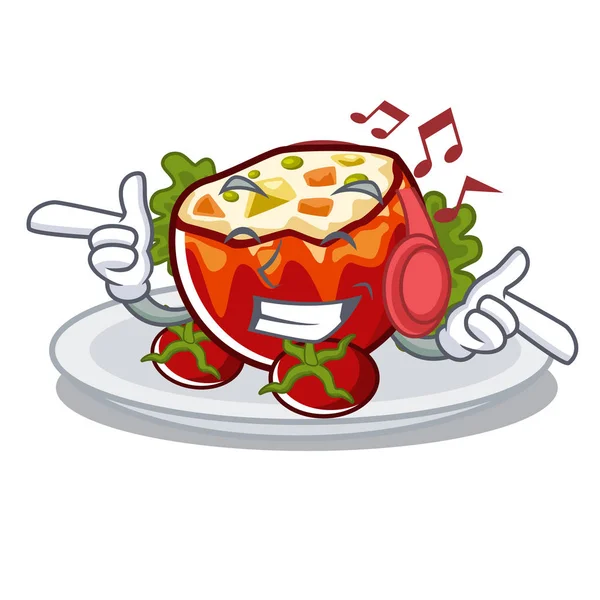 Luisteren muziek gevulde tomaten op een cartoon bord — Stockvector