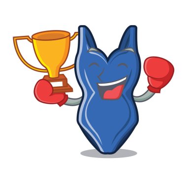 Boks kazanan bir maskot ahşap masada yüzmek