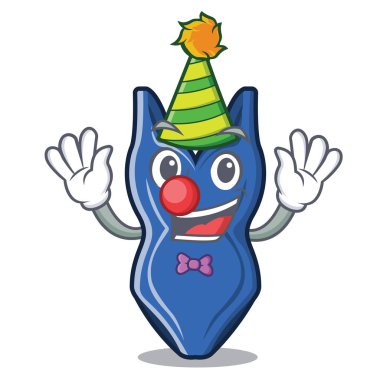 Palyaço bir maskot ahşap masada yüzmek