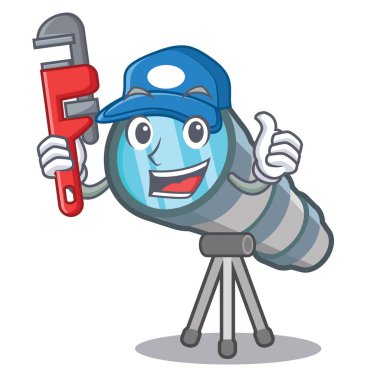 Bir karikatür sandalyede Tesisatçı oyuncak teleskop