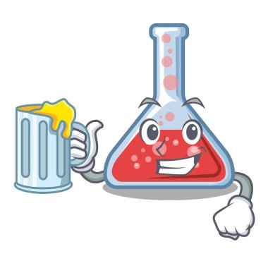 Ahşap karikatür masa nın üzerinde meyve suyu erlenmeyer şişesi ile