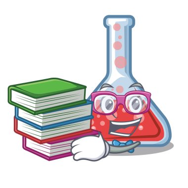 Karikatür laboratuar odasında kitap erlenmeyer şişesi ile Öğrenci