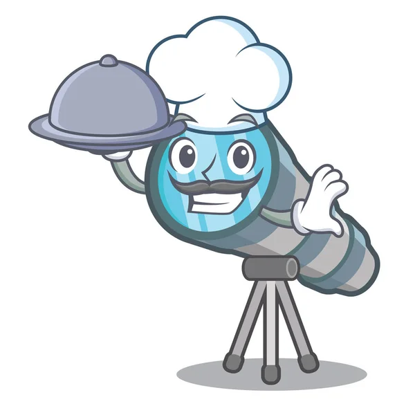 キャラクターテーブルの上に食品ミニチュア望遠鏡を持つシェフ — ストックベクタ