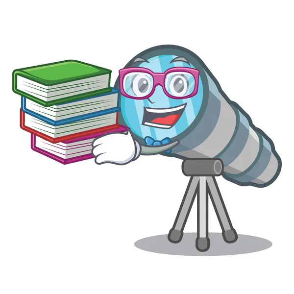 Bir karikatür sandalyede kitap oyuncak teleskop ile Öğrenci — Stok Vektör