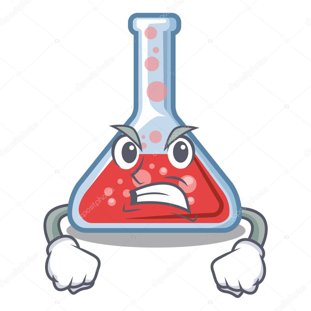 Angry erlenmeyer flask above wooden cartoon table