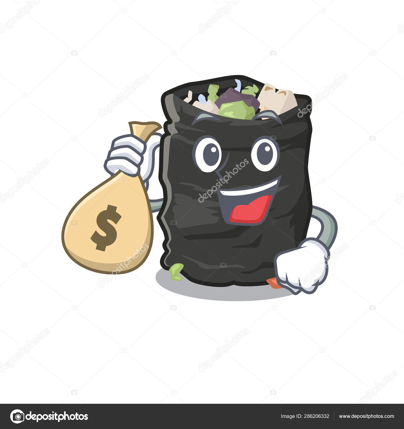 With Money Bag Grabage Bag Isolated With The Mascot Stock - 