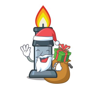 Ahşap karikatür masa üzerinde hediye bunsen brülör ile Santa