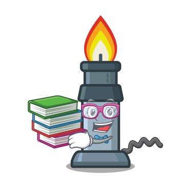 Ahşap karikatür masa üzerinde kitap bunsen brülör ile Öğrenci