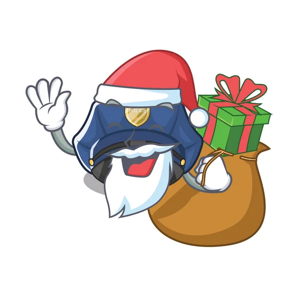 Santa con sombrero de policía de regalo en una bolsa de dibujos animados — Vector de stock