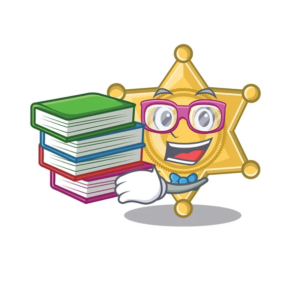 Student with book star police badge on cartoon table — Stock Vector
