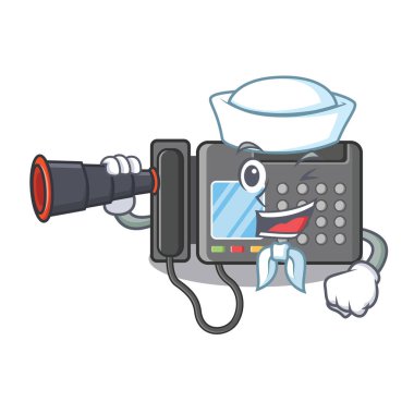 Karikatür masanın üstünde binoküler Faks makinesi ile Sailor
